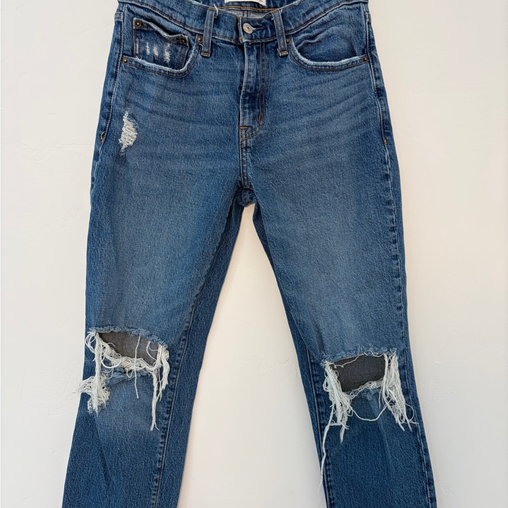 Abercrombie & Fitch Boyfriend/Mid Rise Ripped Blue Straight Leg Jeans Size 26/2R